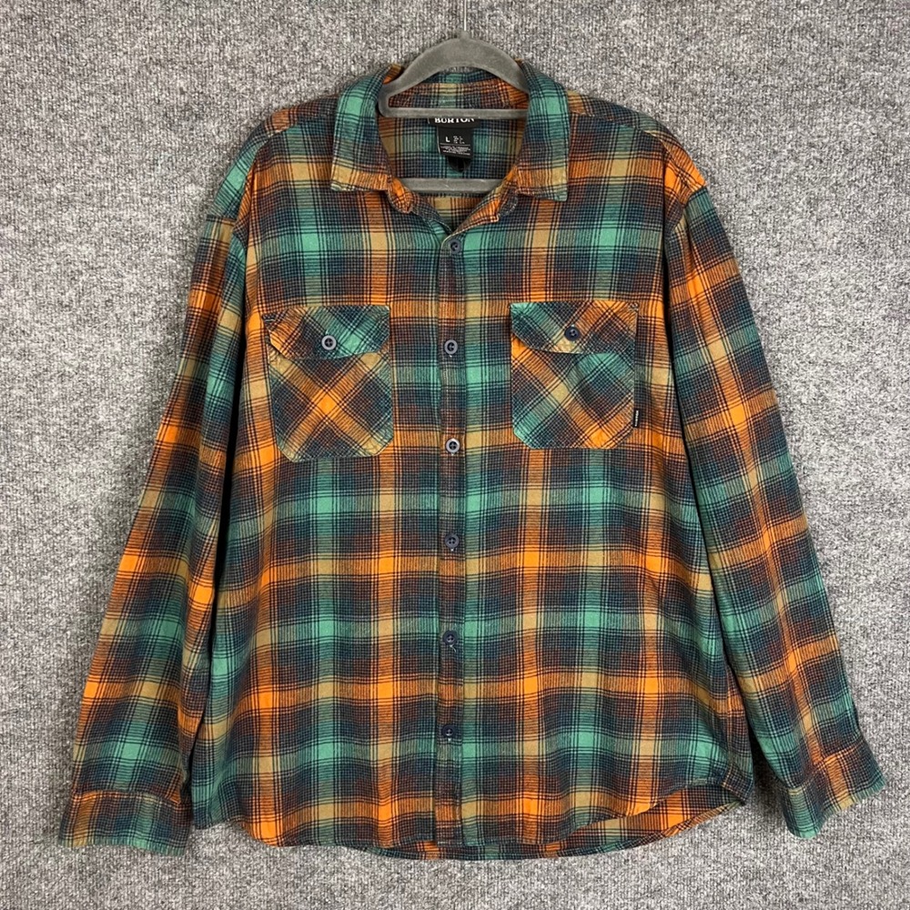Burton Flannel Shirt Mens Large Orange Green Excellent Plaid Long Sleeve Button
